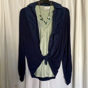 AUGUST Silk Dark Blue Button-up Blouse W/FREE Sexy Mint Green Accent Under Top